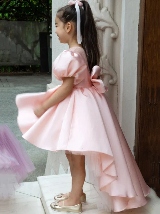 Pink Satin Tulle Appliques With Bow And Trailing Short Sleeve For Wedding Birthday Banquet Princess Gowns Flower Girl Dresses