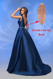 Damen A-Linie Satin Ballkleid Langes Ballkleid Gerafftes Perlenbesetztes Abendkleid Formales Partykleid mit Taschen 