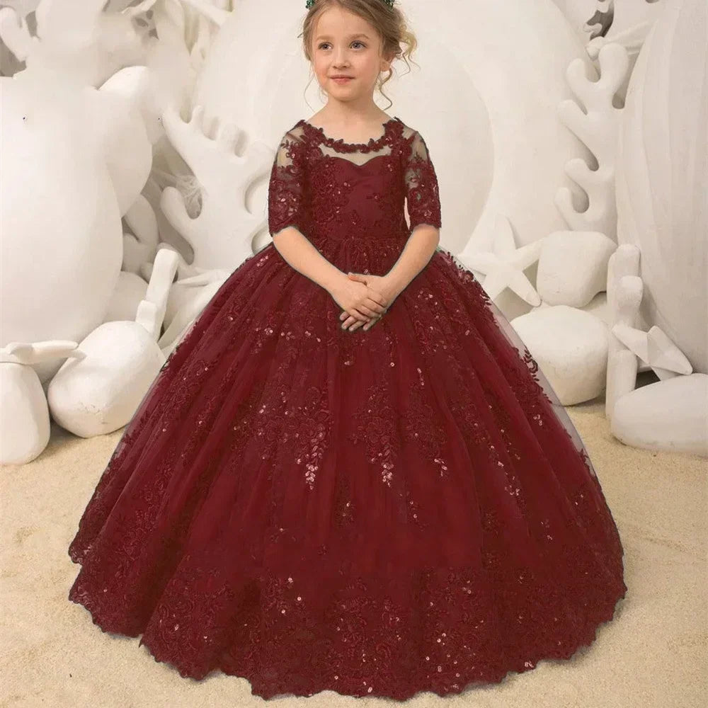 Lace Appliques Princess Kids Birthday Party First Holy Communion Gowns Sequins Flower Girl Dress Pageant Gown For Wedding