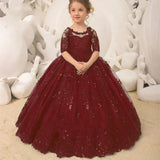 Lace Appliques Princess Kids Birthday Party First Holy Communion Gowns Sequins Flower Girl Dress Pageant Gown For Wedding