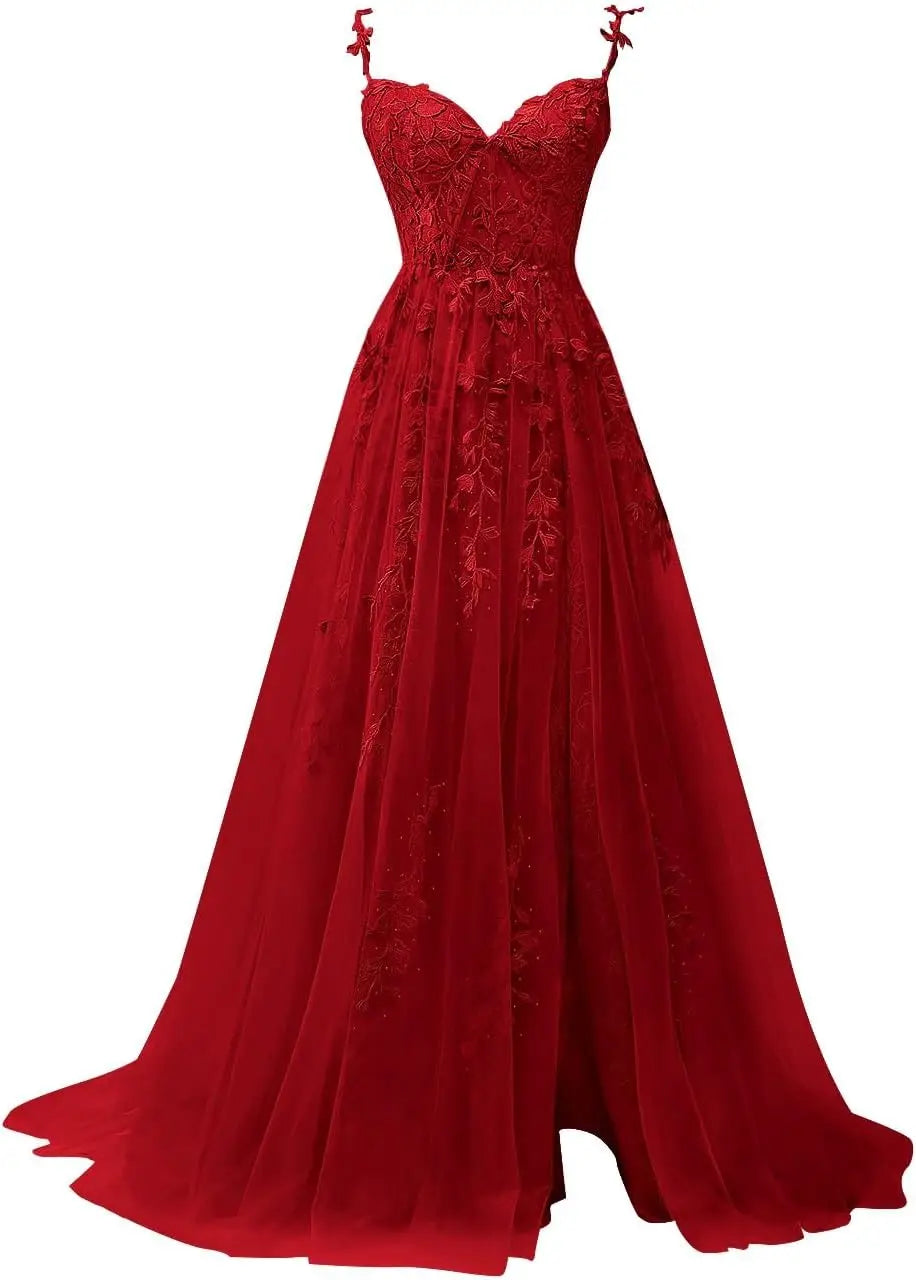 Vestidos de fiesta con apliques de encaje hechos a medida para adolescentes, vestidos largos de tul con abertura, vestidos de noche formales, vestidos de fiesta de boda 