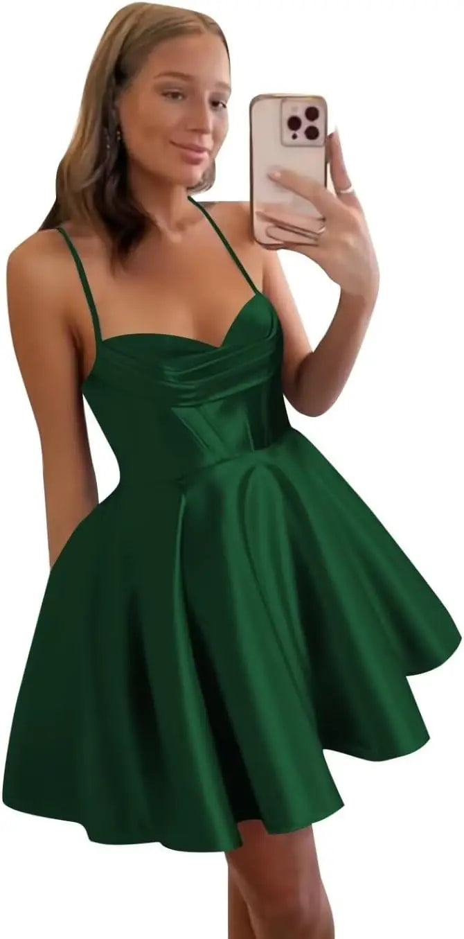 Spaghetti Straps Satin Homecoming Dresses for Women Short Halter Formal Prom Dresses with Pockets Graduation Mini Dress