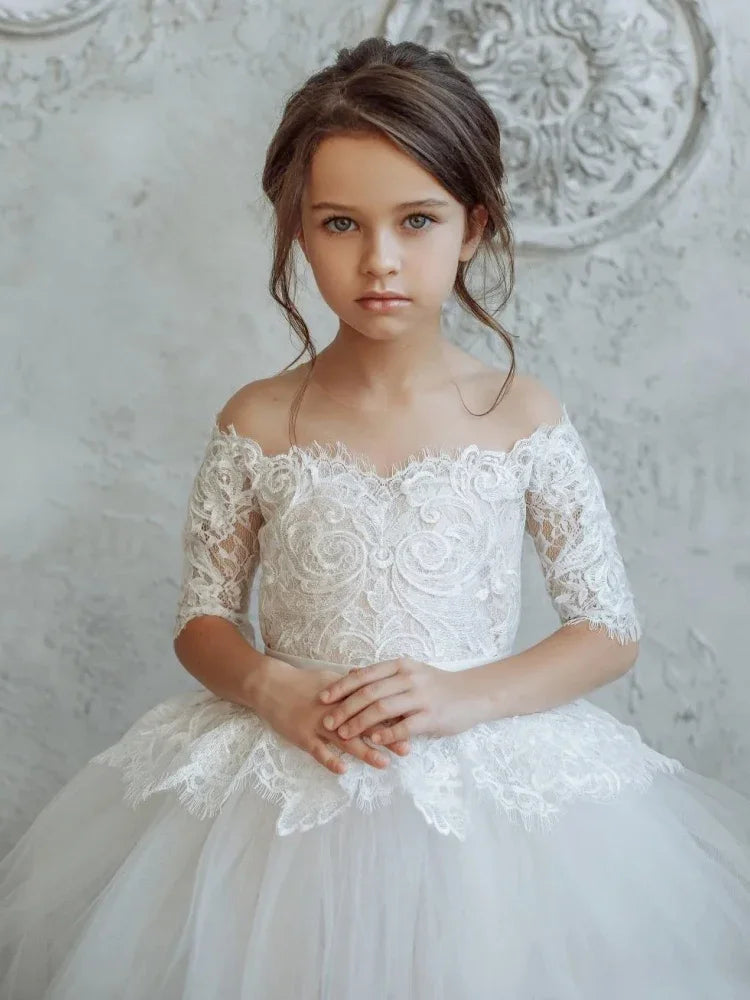Weißes Tüll-Spitzen-Applikationsoberteil mit großer Schleife, halbe Ärmel für Hochzeit, Geburtstag, Bankett, Erstkommunion, Kleider, Blumenmädchenkleid 