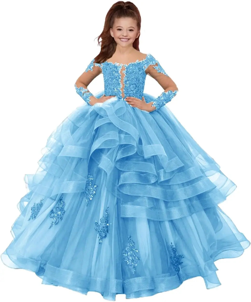 Custom made Princess Long Sleeve Flower Girl Dresses Appliques Ruffles Tulle Pageant Dresses for Girls Kids Party Ball Gowns