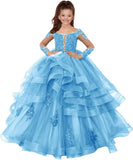 Custom made Princess Long Sleeve Flower Girl Dresses Appliques Ruffles Tulle Pageant Dresses for Girls Kids Party Ball Gowns