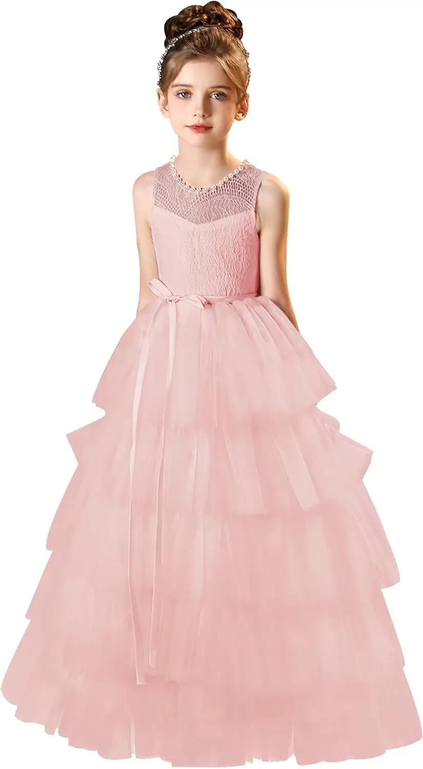 Vestidos de tul para niña de las flores para boda, vestido de encaje de primera comunión, vestidos de fiesta de desfile en capas para niñas 