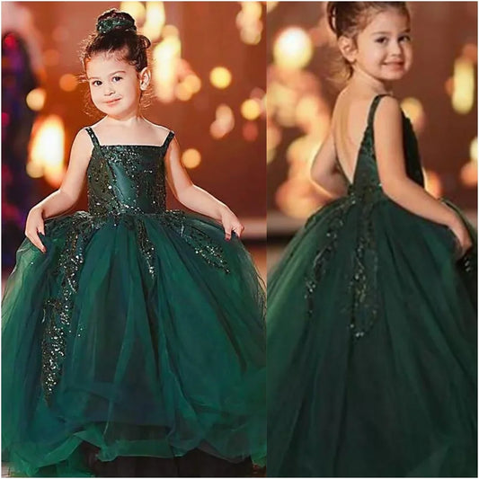 Lovely First Communion Gowns Dark Green Flower Girl Dresses for Wedding Puffy Sequins Suspender Girl Kids Birthday Party