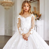 Apliques de bordado floral blanco con mangas largas para boda, fiesta de cumpleaños, banquete, vestido personalizado para niña de las flores 