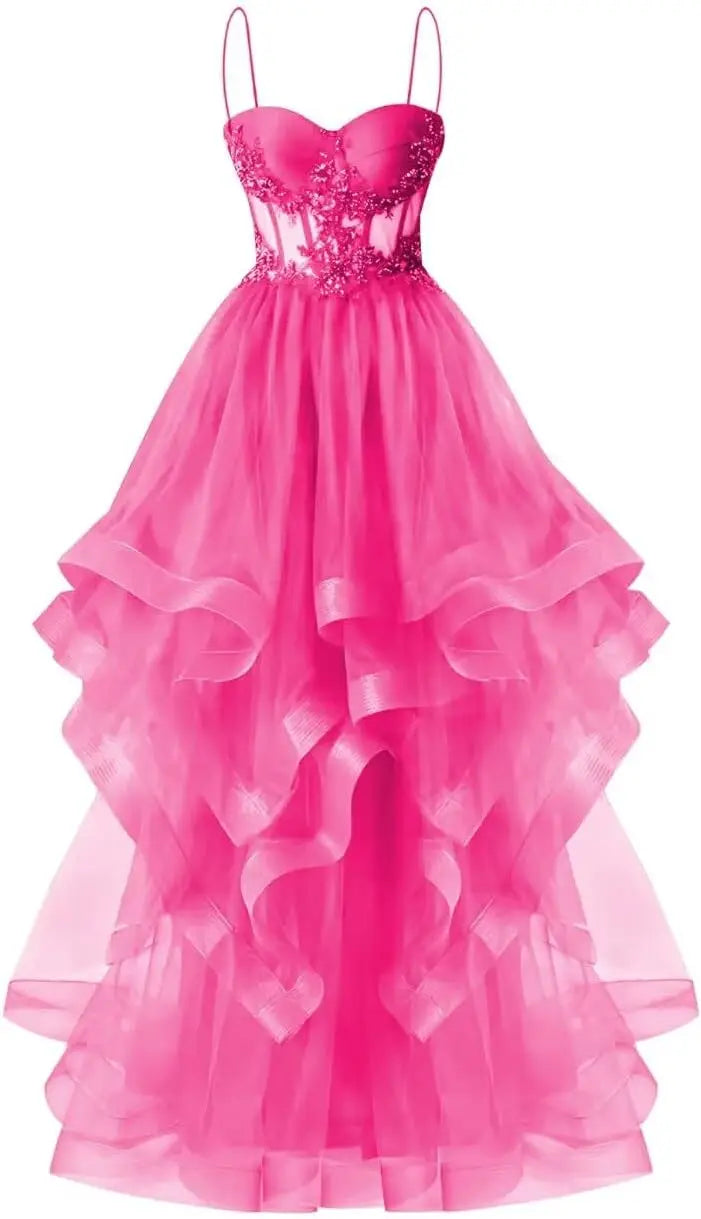 Custom Made Tulle Prom Dresses for Women 2025 Spaghetti Straps Ball Gowns Lace Applique Layered Quinceanera Dresses ball gown