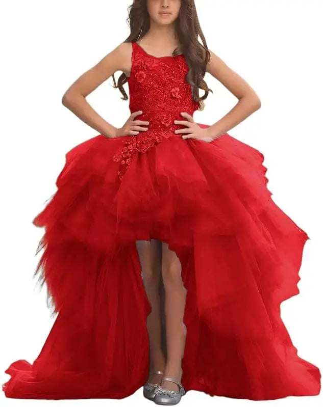 Blumenmädchenkleid für Mädchen, hoch und niedrig, Festzugskleider, gestufte Tüllapplikationen, Prinzessin, formelle Party, Ballkleid, Festzug für Mädchen 