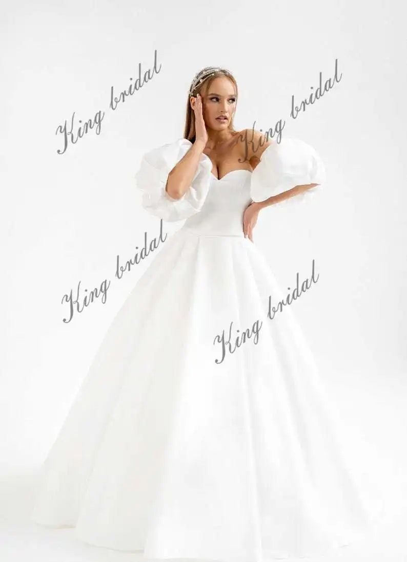 Vestido de novia de satén brillante, vestido de novia personalizado, vestido de novia con corsé y hombros descubiertos, vestido de novia con falda de burbuja 