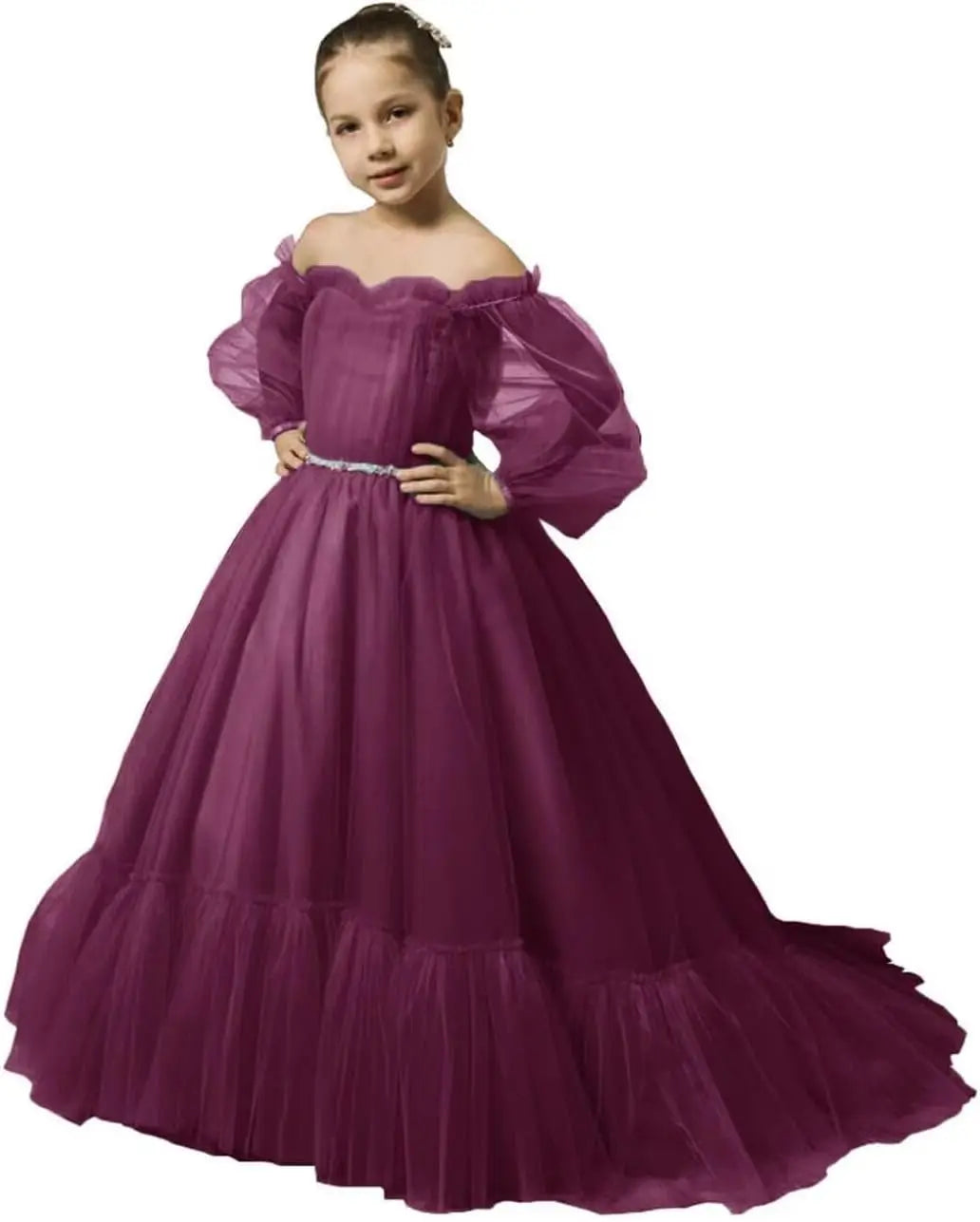 Vestidos de niña de las flores con mangas abullonadas para boda, vestidos de desfile de tul con hombros descubiertos, vestido de línea A para niña pequeña con cinturón, vestido para niña bebé 