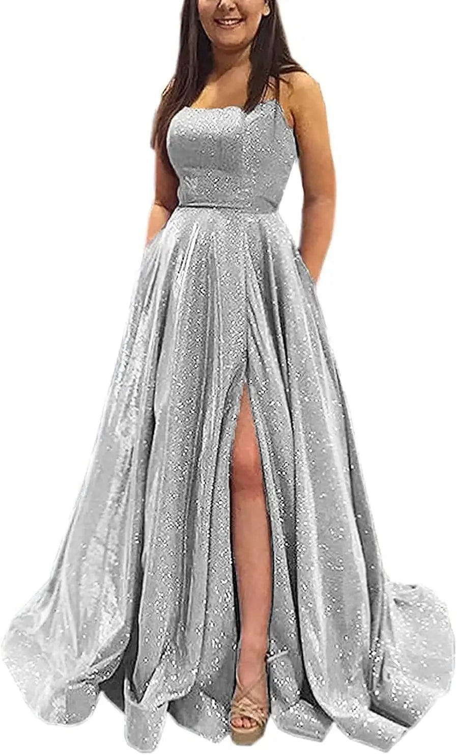 Vestidos de fiesta con purpurina para mujer, 2025, con tirantes finos abiertos, largos, formales, para noche, boda, fiesta, baile, con bolsillos 