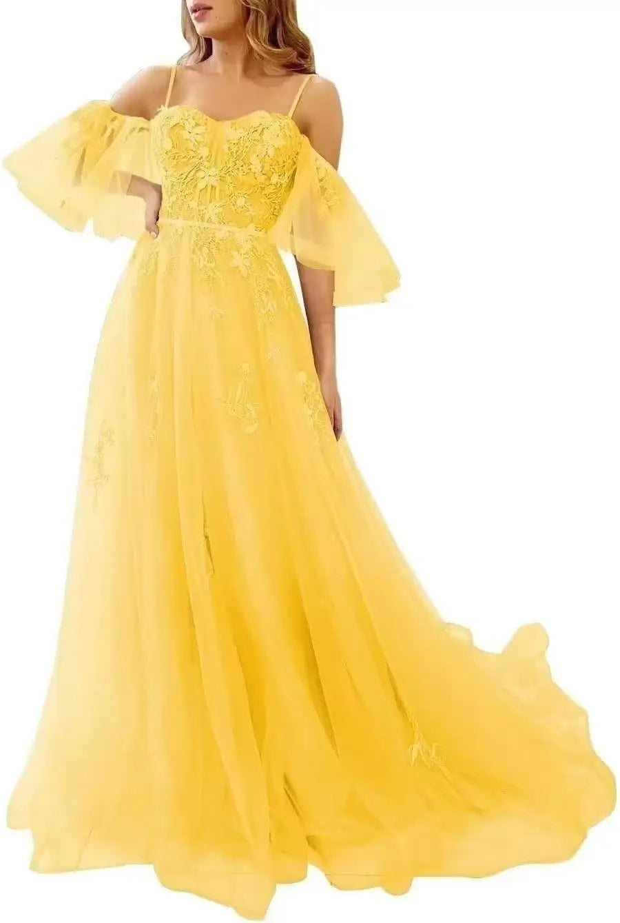 Lace Applique Tulle Prom Dresses Off Shoulder Puffy Sleeves Wedding Dress Long Women Sweetheart A Line Evening Gowns