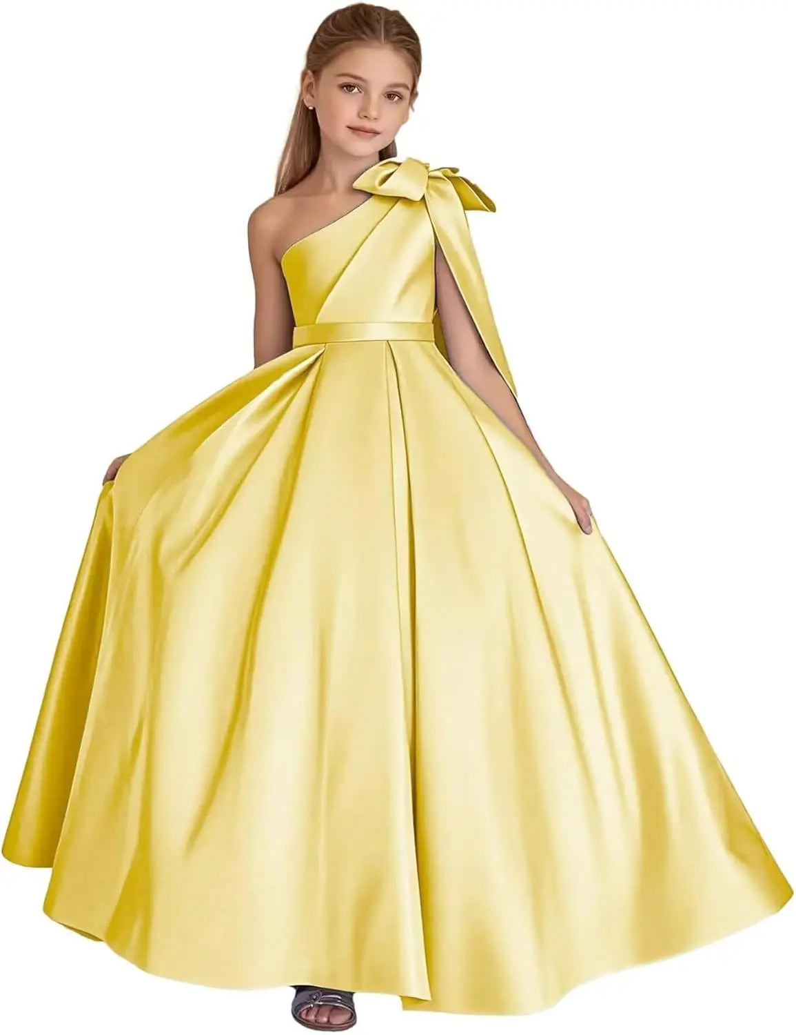 One-Shoulder-Satin-Blumenmädchenkleider, lange Festzugskleider für Mädchen, Ballkleid mit Schleife, Prinzessinnenkleid, Partykleider