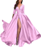 Deep V-Neck Satin Prom Dress for Women, 3/4 Sleeve Formal Evening Gown with Pockets, Elegant Party Dress