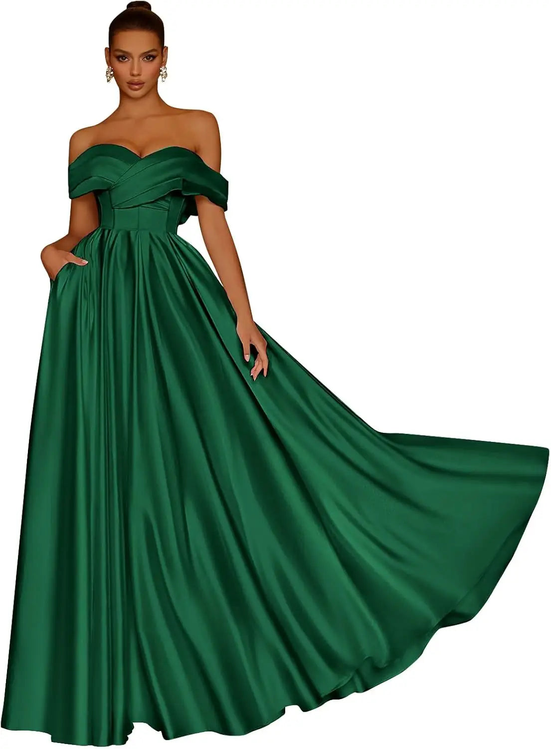 Damen Schulterfreies Satin-Ballkleid, lang, V-Ausschnitt, A-Linie, formelles Abendkleid mit Taschen, Ballkleid 