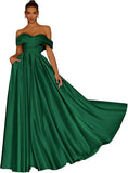Damen Schulterfreies Satin-Ballkleid, lang, V-Ausschnitt, A-Linie, formelles Abendkleid mit Taschen, Ballkleid 