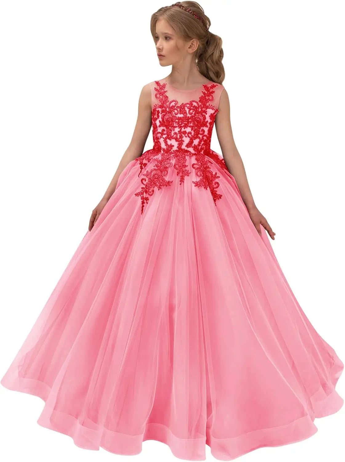 Festzugskleider für Mädchen, Spitzenapplikation, Blumenmädchenkleid, Tüll, Festzugskleid für Mädchen, lang, ärmellos, Prinzessinnen-Party-Ballkleid 