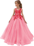 Festzugskleider für Mädchen, Spitzenapplikation, Blumenmädchenkleid, Tüll, Festzugskleid für Mädchen, lang, ärmellos, Prinzessinnen-Party-Ballkleid 