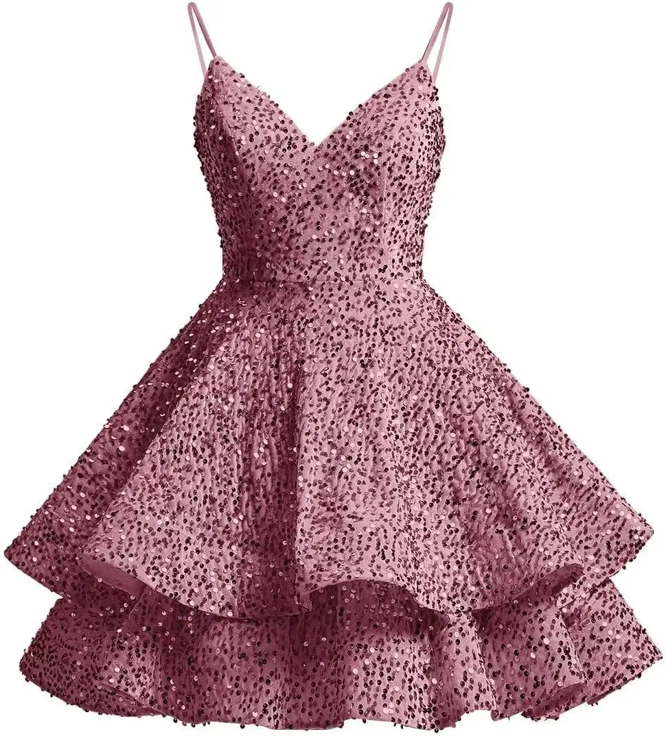 Sparkly Sequin Homecoming Dresses for Teens 2025 Short V Neck A Line Tiered Mini Formal Prom Cocktail Gown Above Knee Club Dress