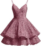Sparkly Sequin Homecoming Dresses for Teens 2025 Short V Neck A Line Tiered Mini Formal Prom Cocktail Gown Above Knee Club Dress