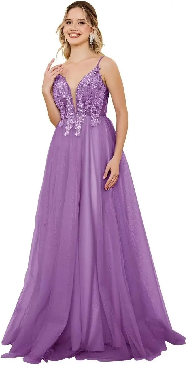 Vestidos de fiesta de tul con escote en V profundo para mujer, tirantes finos, apliques de encaje, vestidos de noche largos de corte A 