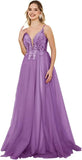 Vestidos de fiesta de tul con escote en V profundo para mujer, tirantes finos, apliques de encaje, vestidos de noche largos de corte A 