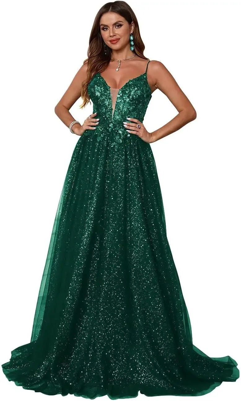 Glitzerndes Tüll-Ballkleid für Damen, Spaghettiträger, tiefer V-Ausschnitt, Spitzenapplikationen, Ballkleid, langes A-Linien-Abendkleid 