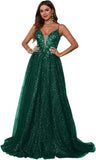 Glitzerndes Tüll-Ballkleid für Damen, Spaghettiträger, tiefer V-Ausschnitt, Spitzenapplikationen, Ballkleid, langes A-Linien-Abendkleid 