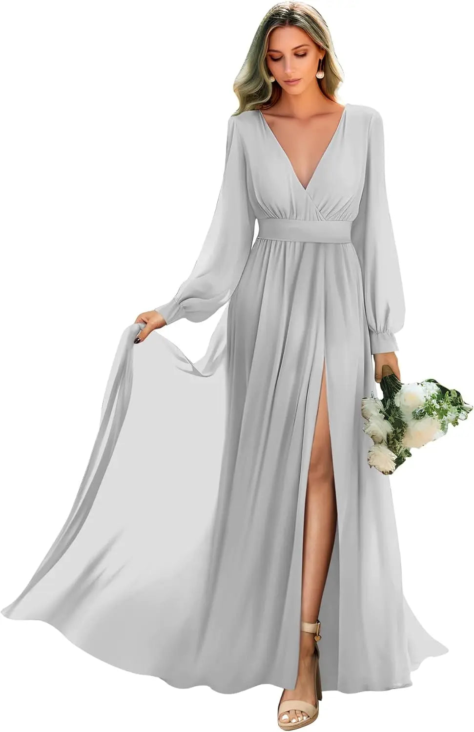 Long Sleeve Bridesmaid Dresses with Slit Pleated Wedding Party Gowns V Neck Chiffon Long Formal Dress evening dress