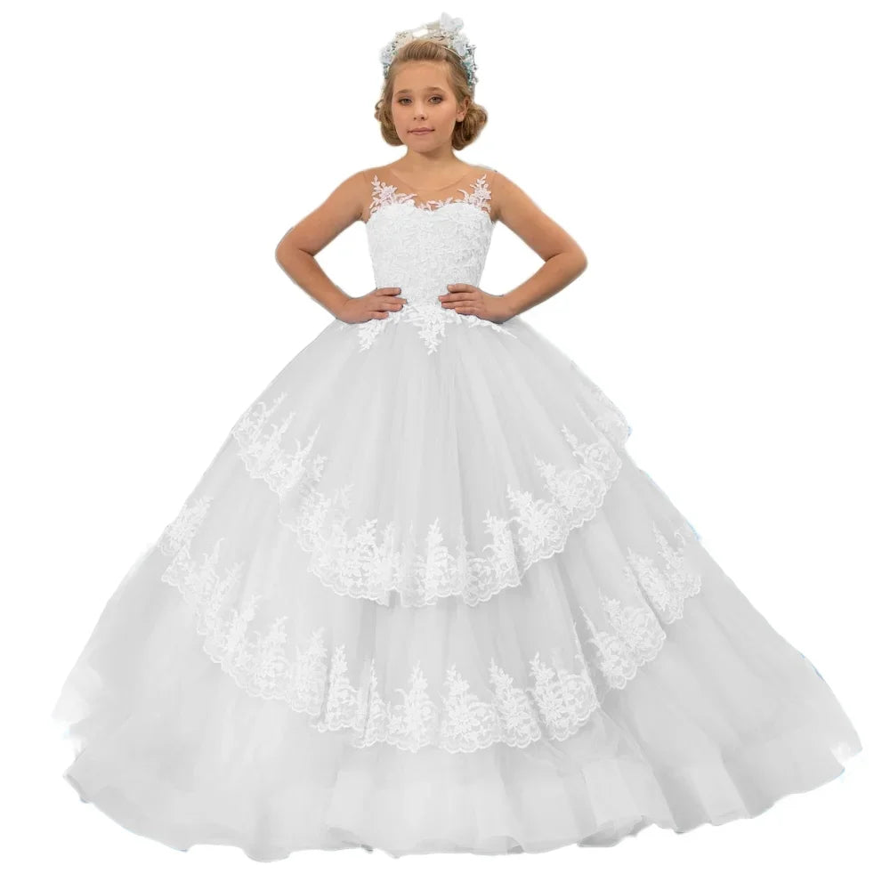 Vestido de princesa para banquete de fiesta de cumpleaños, personalizado, para niña de las flores, con apliques de encaje azul cielo y blanco, escalonado, sin mangas, para boda 