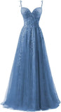 Lace Applique Tulle Prom Dresses for Women 2025 Spaghetti Straps Ball Gown Formal Evening Party Gown with Slit Wedding Party