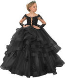 Long Sleeve Flower Girl Dresses Laces Applique Beaded Princess Pageant Dress Beaded Ruffle Tulle Kids Prom Party Gown