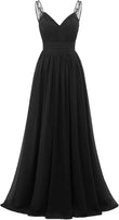 Chiffon-Spitze Brautjungfernkleider lang für Damen V-Ausschnitt Plissee Tüll Träger A-Linie Abschlussball Abend Hochzeit formelle Kleider 