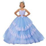 Vestido de princesa para banquete de fiesta de cumpleaños, personalizado, para niña de las flores, con apliques de encaje azul cielo y blanco, escalonado, sin mangas, para boda 