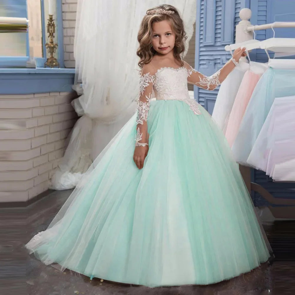 Vestido de tul rosa claro con apliques blancos y manga larga para boda, fiesta de cumpleaños, comunión, personalizado, para niña de las flores 
