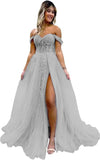 Vestido de fiesta de tul con hombros descubiertos, abertura, apliques de encaje brillante, corsé, vestido formal de fiesta de noche, vestidos de fiesta para mujer, noche 
