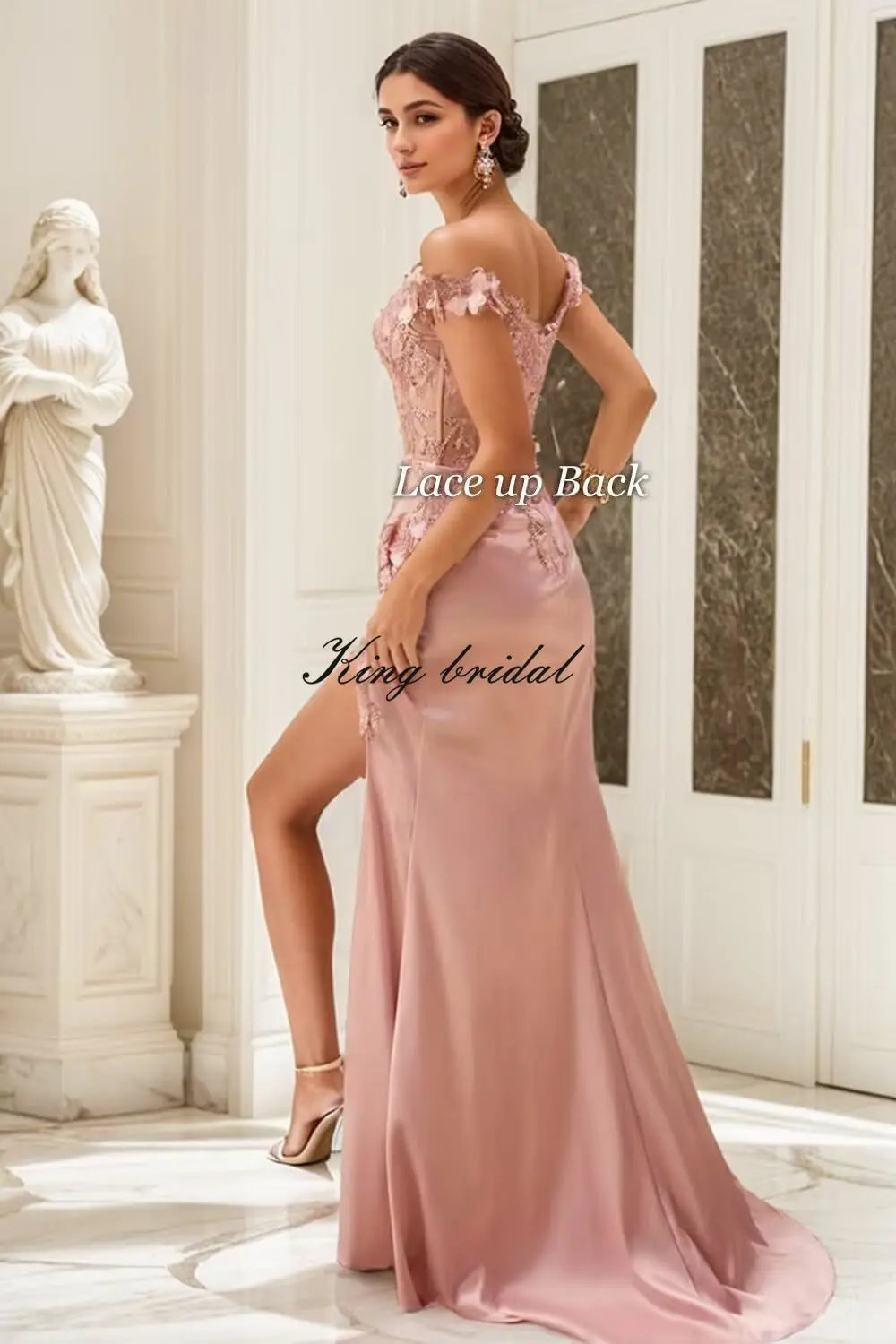 Elegant Satin Prom Dresses for Women Long 2025 3D Flower Lace Applique Off Shoulder Formal Evening Wedding Party Gown with Slit