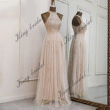 Vestidos de fiesta de lentejuelas con cuello halter y flores, hechos a medida, 2025, de tul brillante, corte A, para boda, fiesta formal de noche 