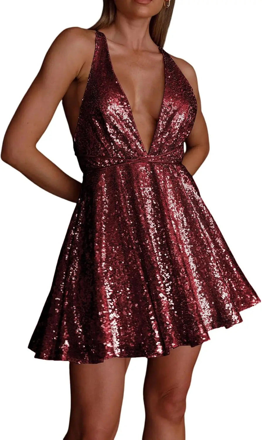 Vestido de lentejuelas para mujer, con tirantes finos, sexy, escote en V profundo, sin espalda, con purpurina, para fiesta, club, estilo patinador, minivestido de cóctel 