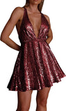 Vestido de lentejuelas para mujer, con tirantes finos, sexy, escote en V profundo, sin espalda, con purpurina, para fiesta, club, estilo patinador, minivestido de cóctel 