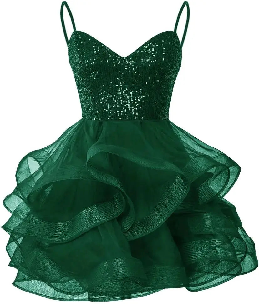 Vestidos de fiesta de tul para adolescentes, con tirantes finos y lentejuelas, vestidos de fiesta cortos, minivestidos de cóctel en capas, vestidos de dama de honor 