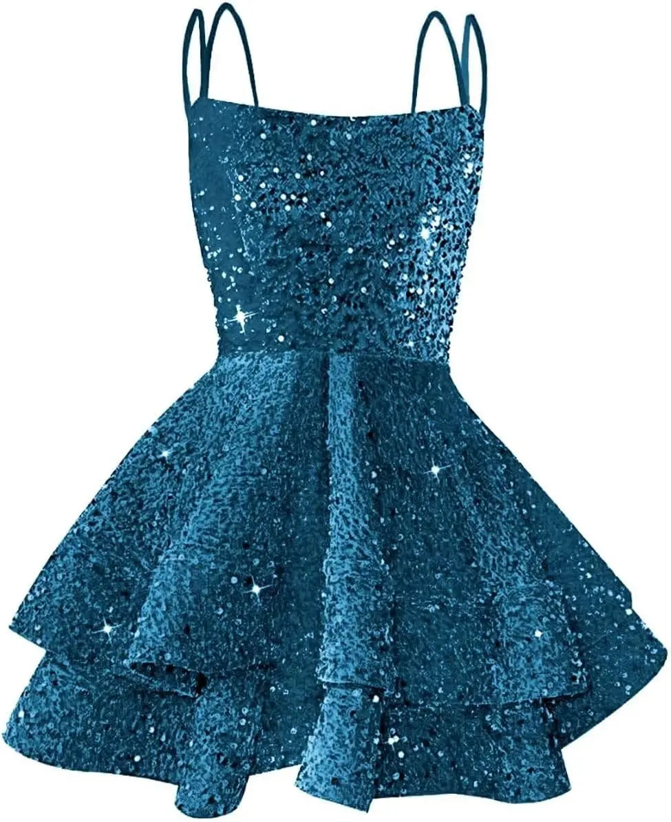 Hübsches, funkelndes Pailletten-Heimkehrkleid für Teenager, kurzes, gestuftes Ballkleid mit quadratischem Ausschnitt und A-Linie, Cocktail-Club-Partykleid 