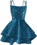 Hübsches, funkelndes Pailletten-Heimkehrkleid für Teenager, kurzes, gestuftes Ballkleid mit quadratischem Ausschnitt und A-Linie, Cocktail-Club-Partykleid 