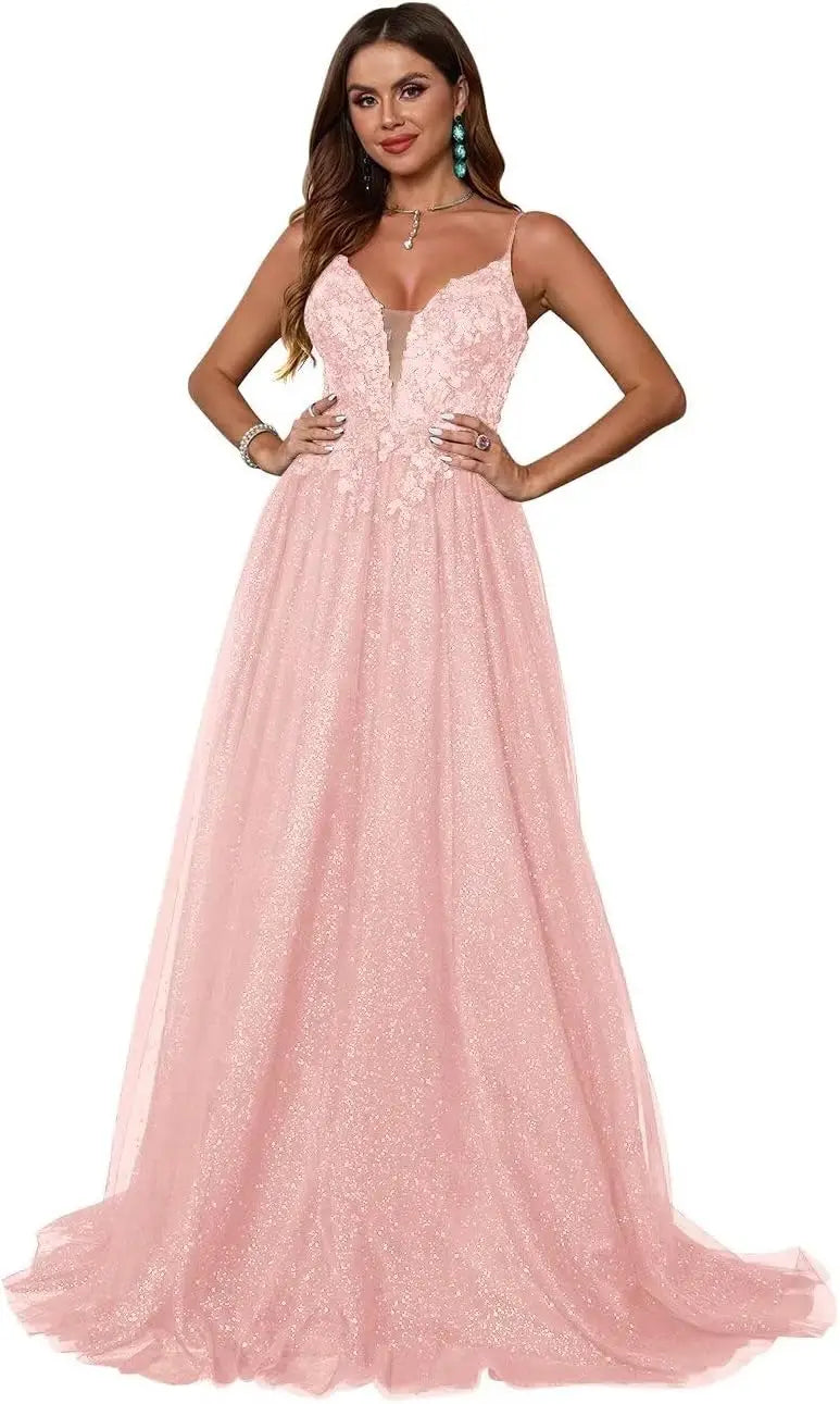 Glitzerndes Tüll-Ballkleid für Damen, Spaghettiträger, tiefer V-Ausschnitt, Spitzenapplikationen, Ballkleid, langes A-Linien-Abendkleid 