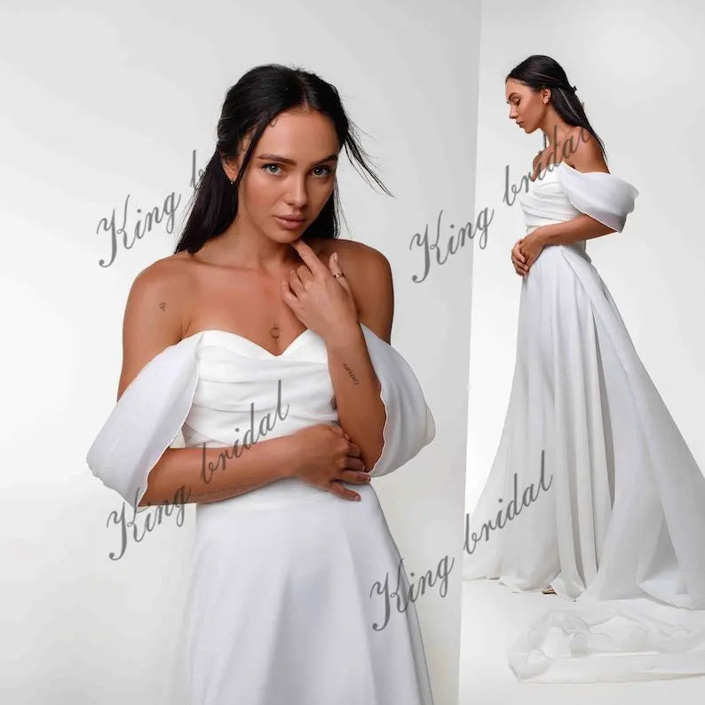 Minimalistisches Crepe A-Linie Brautkleid Schulterfrei Brautkleid Organza Schleppe Rock Individuelles Brautkleid 