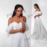Minimalistisches Crepe A-Linie Brautkleid Schulterfrei Brautkleid Organza Schleppe Rock Individuelles Brautkleid 