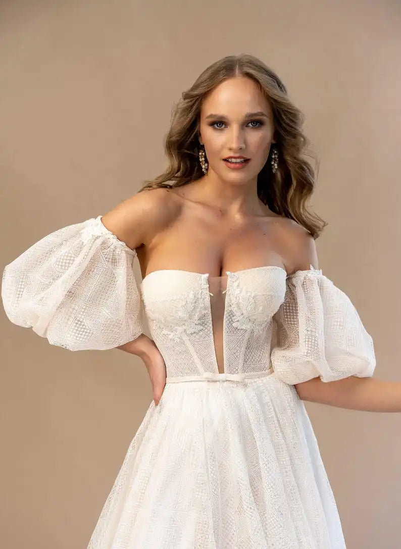 Spitze besticktes Hochzeitskleid Laternenärmel Kleider Nude Boho Brautkleid Korsett Custom Hochzeitskleid schlichtes Brautkleid 