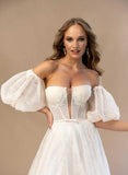 Spitze besticktes Hochzeitskleid Laternenärmel Kleider Nude Boho Brautkleid Korsett Custom Hochzeitskleid schlichtes Brautkleid 